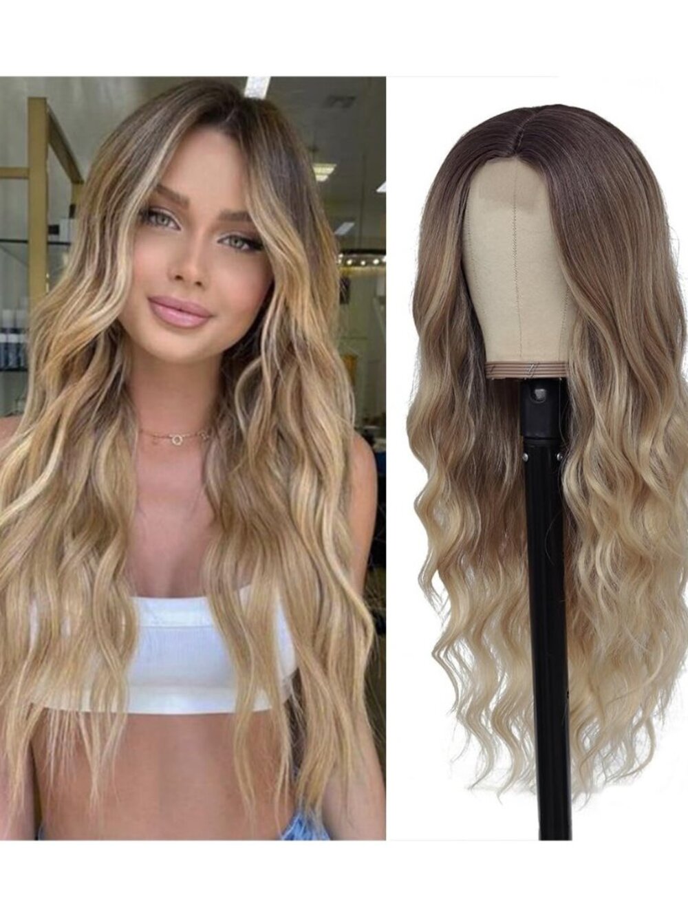 Blonde Wig for Women,26 Inch Long Wavy Curly Middle Part Hair